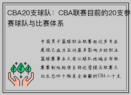 CBA20支球队：CBA联赛目前的20支参赛球队与比赛体系