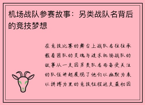 机场战队参赛故事：另类战队名背后的竞技梦想
